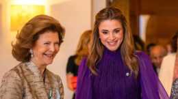 約旦王后拉尼婭! 一襲高貴紫紗裙接待瑞典王后, 52歲了還光彩照人