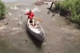 男子在河邊劃小舟，進入水域後卻傻眼了，只有一條魚群從水中跳出！