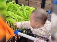 萌娃超市伸手摸蔬果，誰曾想到了最後一個令人萬萬沒想到，太扎手